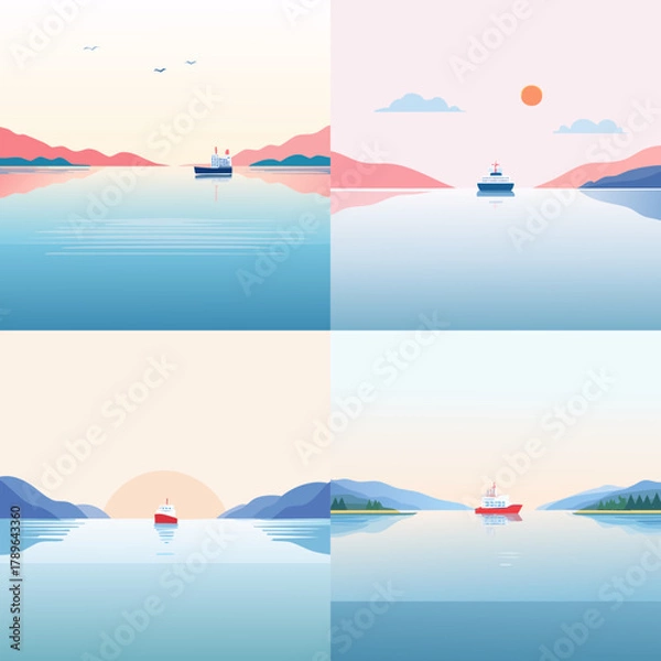 Obraz Minimalist lake horizon vector set with small cargo ship sailing in calm water, soft gradient sky and peaceful mountain landscape.