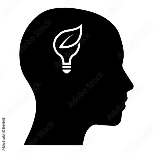 Fototapeta Silhouette of Human Head with Eco Friendly Light Bulb Idea Symbol Inside for Green Thinking and Sustainability Concept