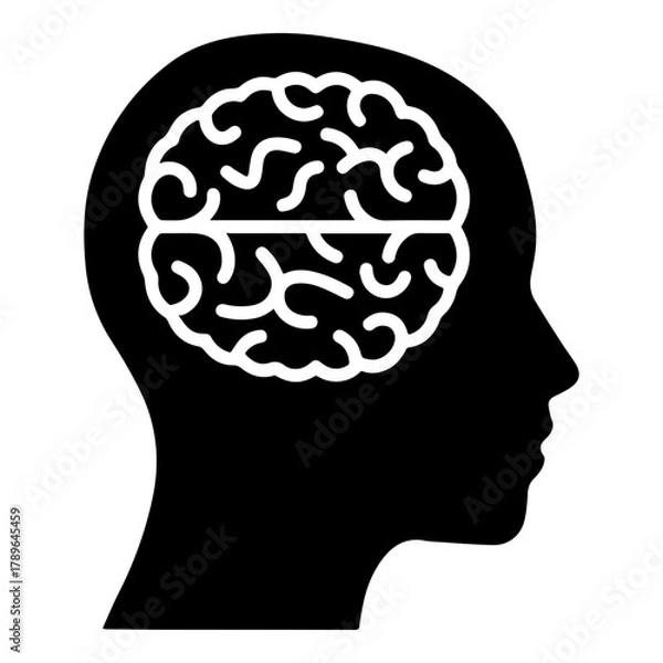 Fototapeta Simple Black Silhouette Icon of Human Head Profile with Visible Brain for Mental Health and Intelligence Concepts