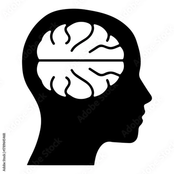 Fototapeta Black Silhouette Icon of Human Head Profile Showing Exposed Brain for Psychology and Thinking Concepts