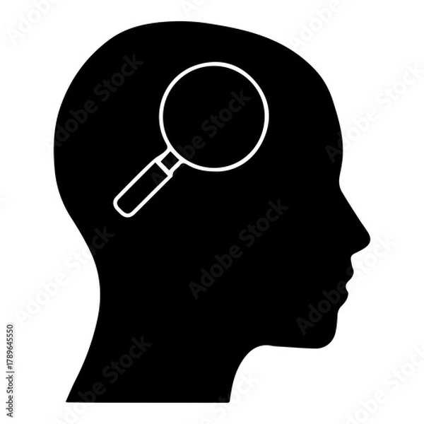 Fototapeta Silhouette of Human Head with Magnifying Glass Inside Symbolizing Focus Analysis and Deep Thinking