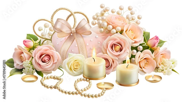 Fototapeta Elegant arrangement of roses, pearls, and candles creates a romantic and serene atmosphere for wedding invitations, anniversary cards, or heartfelt greetings