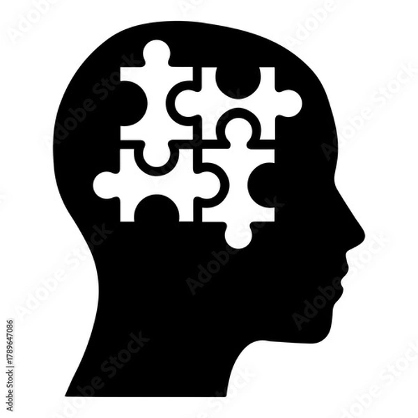 Fototapeta Silhouette of Human Head with Four Connected Puzzle Pieces Symbolizing Thinking Problem Solving and Psychology Concept