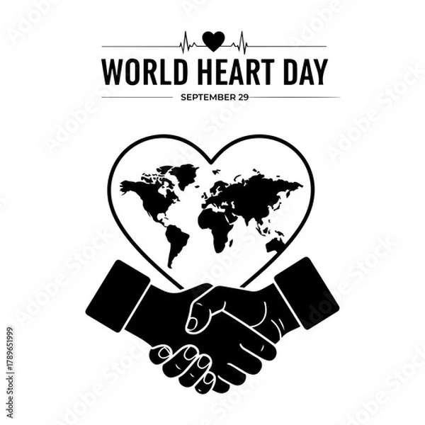 Obraz Vector world heart day graphic featuring a heart shaped world map and a handshake in black and white