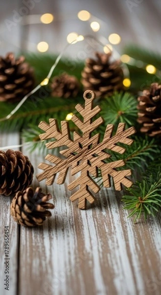 Obraz Wooden snowflake ornament with pinecones and evergreen branch for christmas holiday.