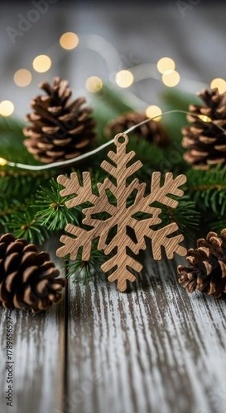 Fototapeta Wooden snowflake ornament with pinecones and fir branches on a rustic wood surface.
