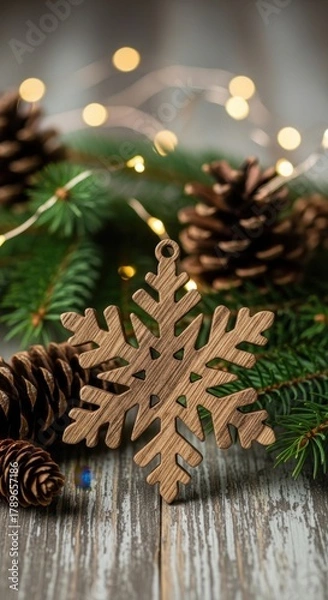 Fototapeta Wooden snowflake ornament with pine cones and fir branches on rustic table top.