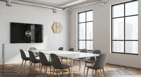 Fototapeta Sleek Modern Meeting Room Design with Large Screen and Wood Flooring