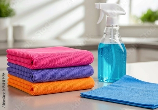 Obraz towels and soap, Colorful Microfiber Cleaning Cloths and Blue Spray Bottle for Home Cleaning