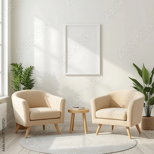 Fototapeta Cozy minimalistic living room featuring armchairs and an empty frame.