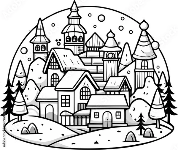 Fototapeta Winter snow village coloring book illustration , vector line art , black and white