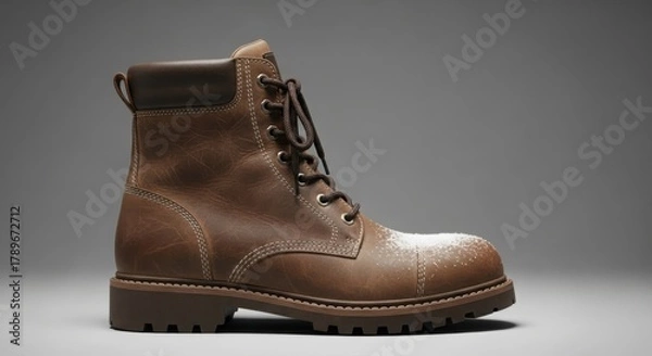 Fototapeta Brown leather work boot with laces, rugged sole, and a dusting of white powder on the toe, isolated for durability and winter wear illustration