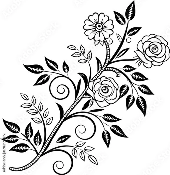 Fototapeta A detailed, symmetrical floral embroidery design is centered against a stark white background. The design is comprised of delicate, interconnected floral and foliage elements, primarily in the form of