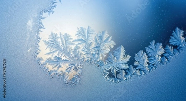 Fototapeta Intricate frost patterns covering a windowpane, revealing delicate icy structures against a subtly blurred blue sky, highlighting winter's cold artistry. illustration