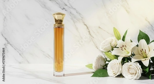 Fototapeta Elegant golden-capped perfume bottle stands on a luxurious white marble surface, complemented by a fresh bouquet of white lilies and roses. illustration