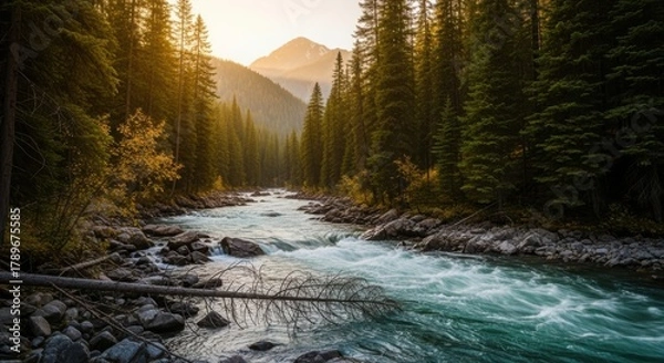 Fototapeta Majestic mountain river winding through a dense coniferous forest under a golden hour sky, showcasing nature's pristine beauty and serenity. illustration