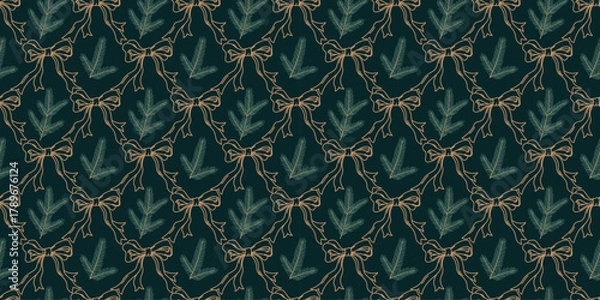 Fototapeta Christmas tree branches, Coquette Bows and Ribbons. Winter Seamless Pattern. Pine, Spruce or Fir. Merry Christmas, Happy New Year. Endless Background for Stationery, Fabric, Prints, Wrapping, Packagin