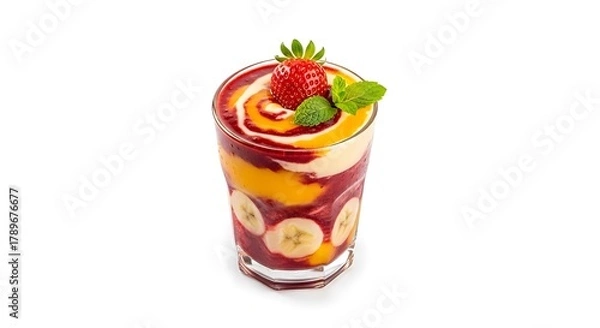 Fototapeta Fruit parfait with strawberry and banana isolated on white background