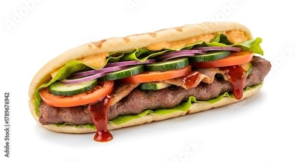 Obraz Sandwich with meat, vegetables, and sauce isolated on white background