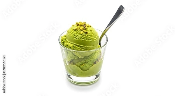 Obraz Pistachio ice cream in a glass with spoon isolated on white background