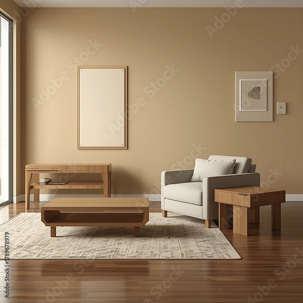 Fototapeta Minimalist living room design emphasizes clean lines and simplicity, featuring wooden furniture that contributes to an organic feel. A cozy armchair serves as a focal point, providing comfort while ma