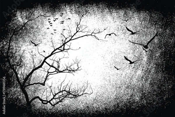 Obraz Silhouette of bare trees with flying birds. Gothic style black and white illustration	