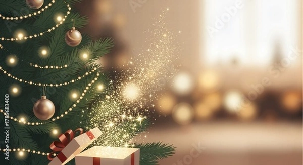 Fototapeta Christmas tree with glowing gift box dream, festive atmosphere, decorated with ornaments, copy space