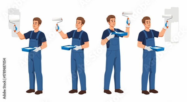 Obraz Set of a male painter in blue overalls and gloves, holding a paint roller and tray in four different poses while painting a wall.
