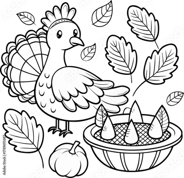 Fototapeta turkey, pie, and autumn leaves, holiday coloring book illustration line art vector , black and white , white background