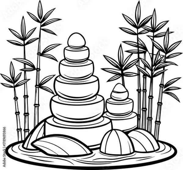 Fototapeta Zen garden stones and bamboo line art , line art vector , black and white , white background