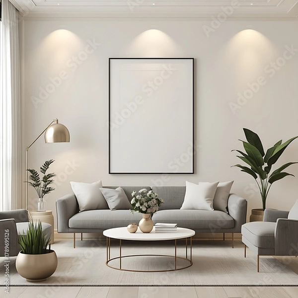 Obraz Abstract of a stylish living room design featuring a prominent blank poster frame, highlighting the potential for personalization and artistic expression in the space.