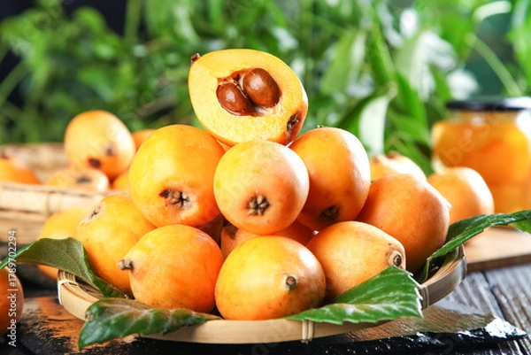 Fototapeta Fresh Loquat Fruits from Yunnan China on Wooden Plate with Cut Open Showing Seeds