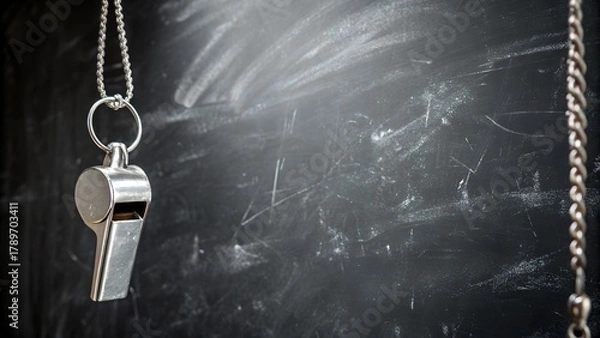 Fototapeta Get ready for sports season with a polished silver whistle on a chalkboard, invoking memories of coaches, teamwork, and the thrill of competition