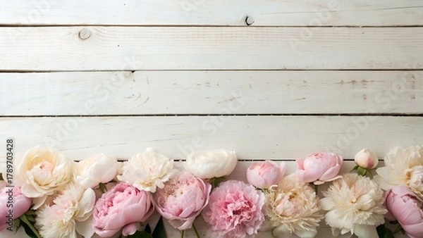 Fototapeta Dreamy pink and white peonies resting on a rustic white wooden surface create a beautiful floral arrangement perfect for springtime designs