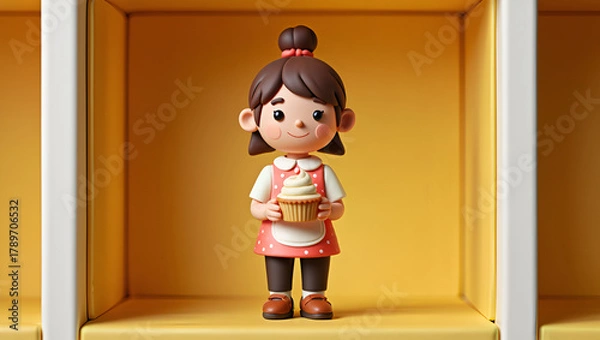 Obraz Charming 3D illustration of a happy girl holding a delicious cupcake, presented in a minimalist shelf display, Generative AI