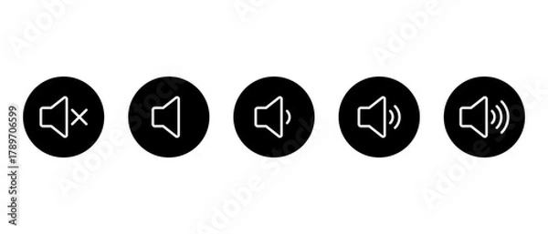 Fototapeta Volume level icon in black circle. Speaker with sound waves symbol. Audio mute, low, medium, and high sign