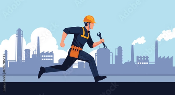 Fototapeta Male worker in hard hat and overalls running with a wrench in front of factory buildings with smoke stacks.