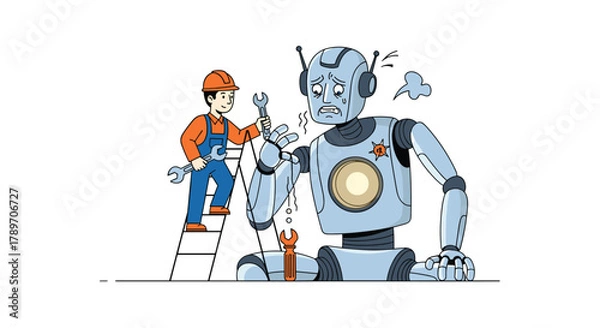 Obraz A mechanic on a ladder repairs a distressed robot with a wrench, highlighting automation maintenance.