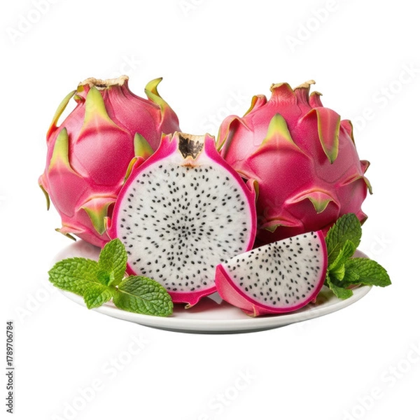 Fototapeta Vibrant pink dragon fruit, whole, half, and slice, with fresh mint on a white ceramic plate against a transparent studio background, 45-degree view, concept of fresh product display