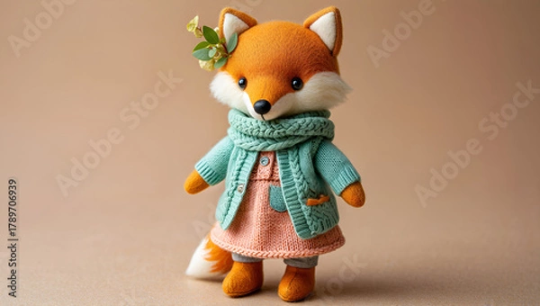 Obraz Adorable Fox Doll A Charming Knitted Creation with Stylish Attire for Play or Display, Generative AI