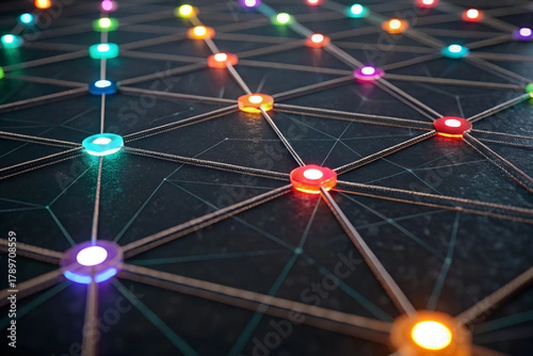 Fototapeta Colorful glowing points connected by digital lines. Abstract visualization of communication network, AI system, and data connectivity technology.