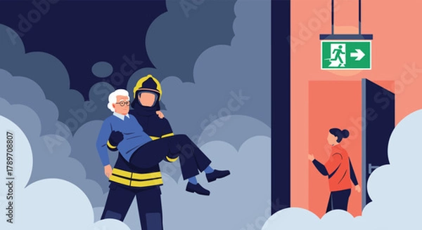 Obraz Firefighter rescuing an elderly person from a smoky building with an exit sign visible.