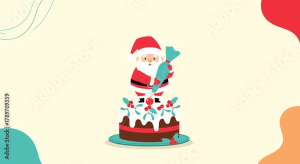 Obraz Cartoon Santa Claus decorating a Christmas cake with a piping bag full of icing.