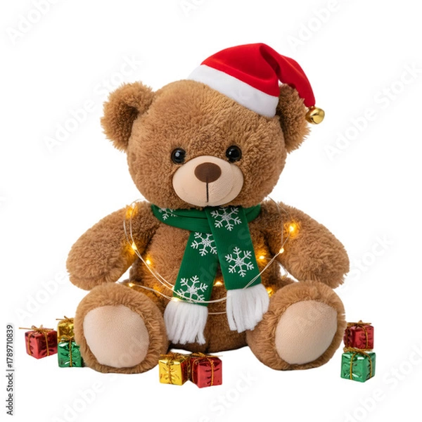 Obraz A fluffy brown teddy bear wearing a Santa hat and green snowflake scarf is wrapped in warm fairy lights surrounded by small colorful gift boxes on a transparent background
