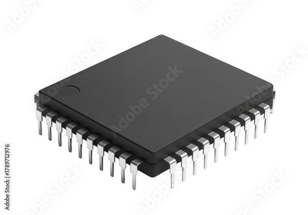 Obraz Black integrated circuit chip with many pins, isolated on transparent background