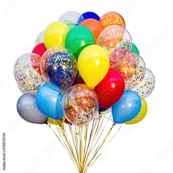 Obraz A Large Cluster Of Colorful Balloons Filled With Golden Confetti Floating Against A Black Background For Party Decorations And Celebrations