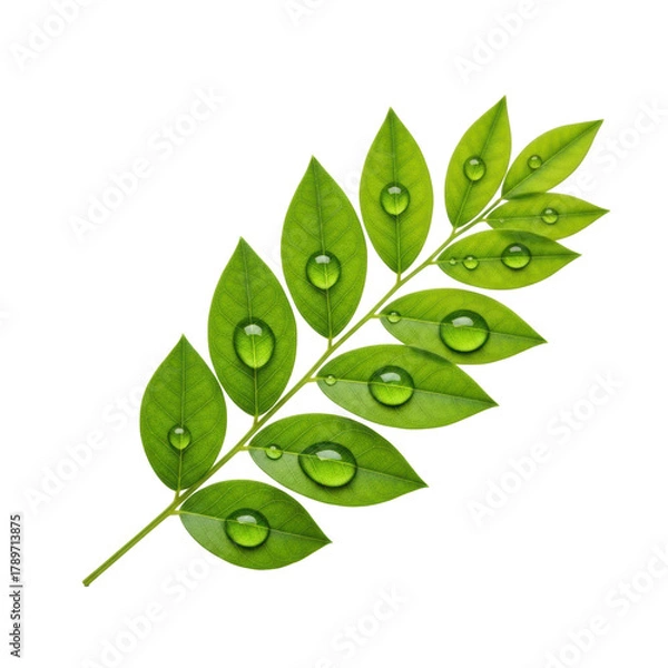 Fototapeta Vibrant green sprig with pristine leaves and glistening water droplets, precisely positioned on a clean transparent background under soft studio lighting, concept of pristine freshness and natural