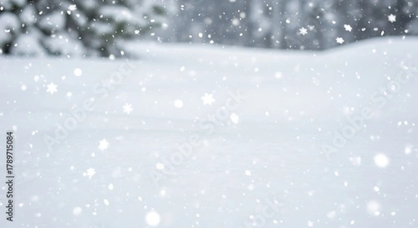 Fototapeta A subtle, bright winter scene dominated by a blanket of fresh snow and continuous snowfall, creating a soft, blurry background with the gentle outlines of distant pine trees.
