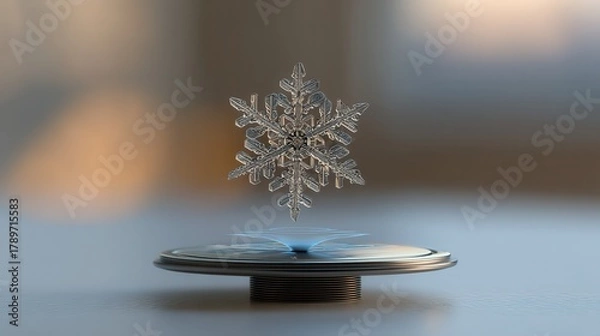 Fototapeta christmas festival Floating snowflake design on a metallic base with a blurred background.