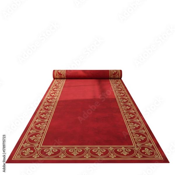 Fototapeta A luxurious red carpet with an ornate gold border is unrolled and presented on a transparent background symbolizing elegance and special events